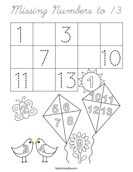 Missing Numbers to 13 Coloring Page