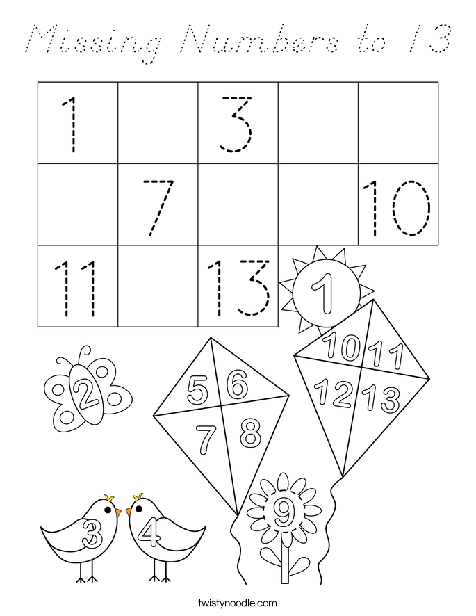 Missing Numbers to 13 Coloring Page