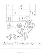 Missing Numbers to 13 Handwriting Sheet