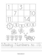 Missing Numbers to 15 Handwriting Sheet