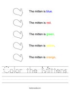 Color the Mittens Handwriting Sheet