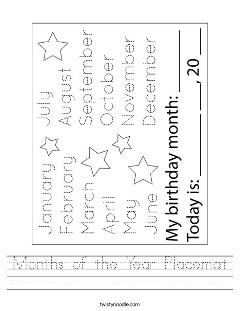 Months of the Year Placemat Worksheet