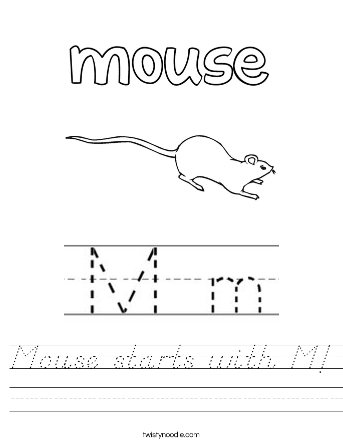 Mouse starts with M Worksheet - D'Nealian - Twisty Noodle