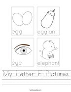 My Letter E Pictures Handwriting Sheet