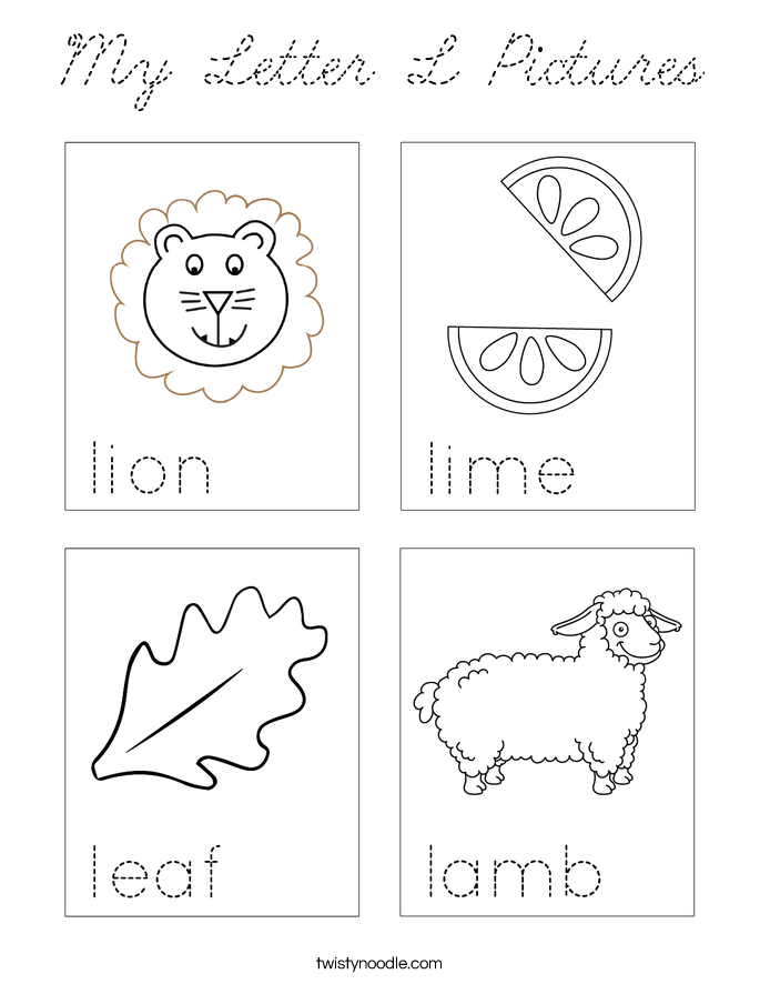 My Letter L Pictures Coloring Page - Cursive - Twisty Noodle