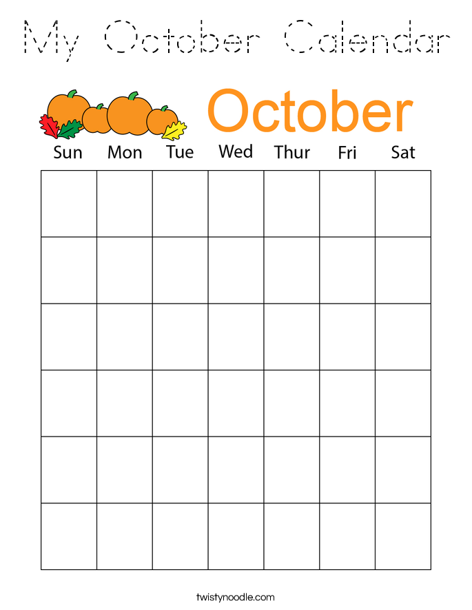 My October Calendar Coloring Page Tracing Twisty Noodle