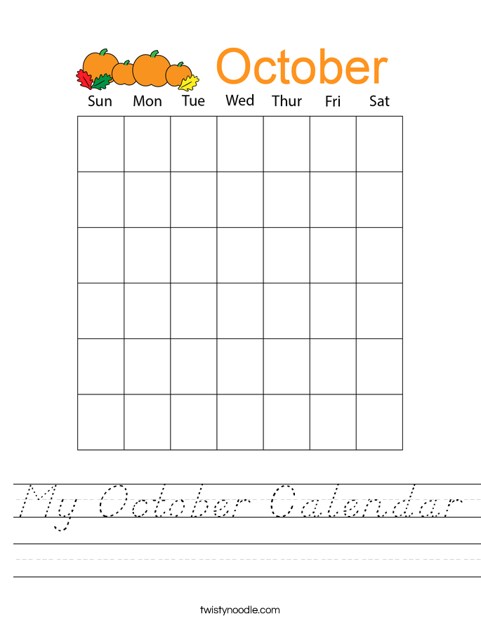 My October Calendar Worksheet D Nealian Twisty Noodle