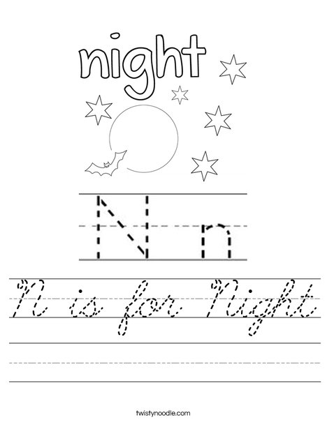 n is for night worksheet cursive twisty noodle