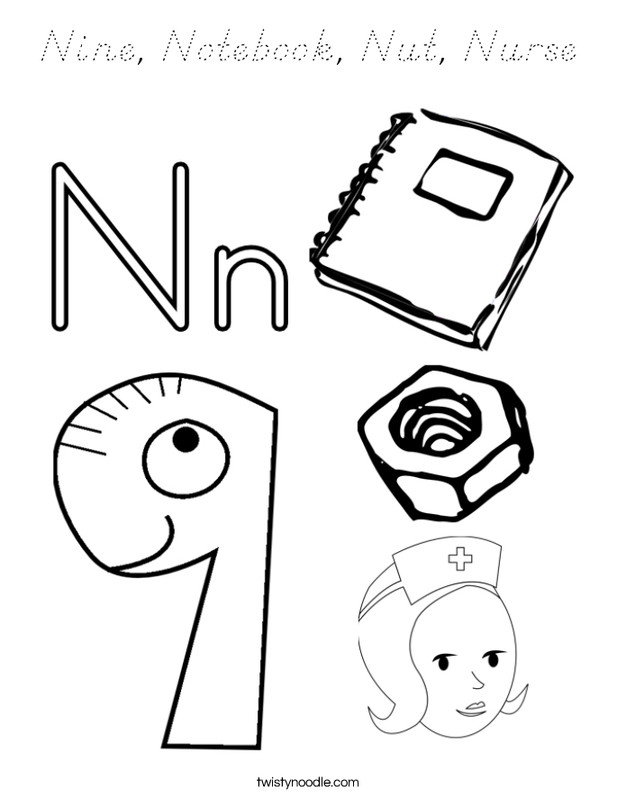 Nine, Notebook, Nut, Nurse Coloring Page