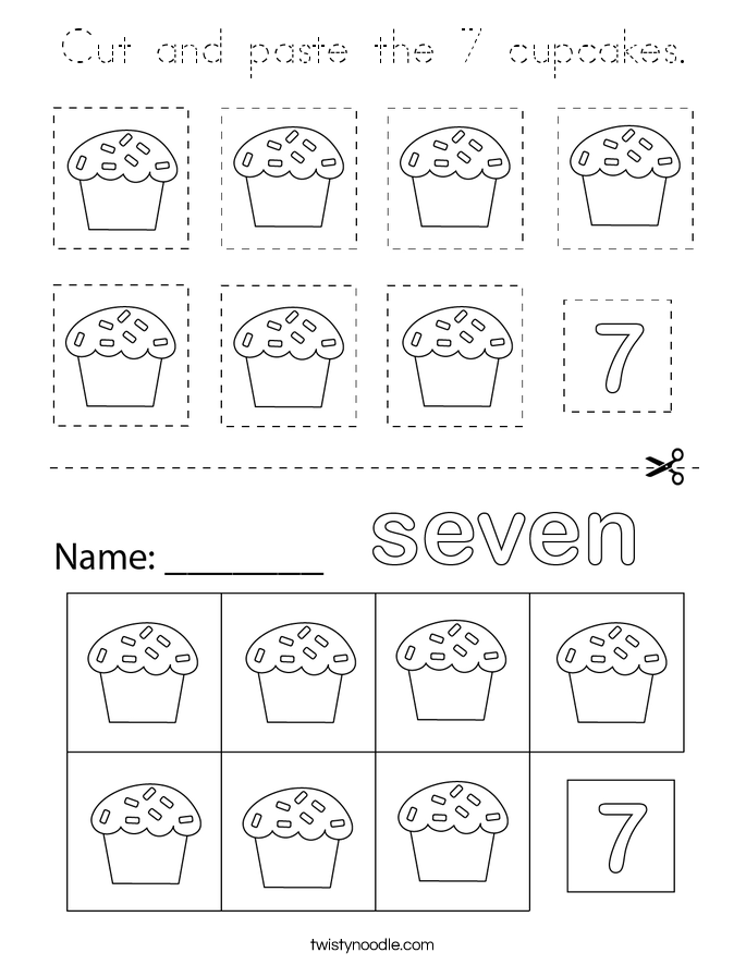 Cut and paste the 7 cupcakes. Coloring Page