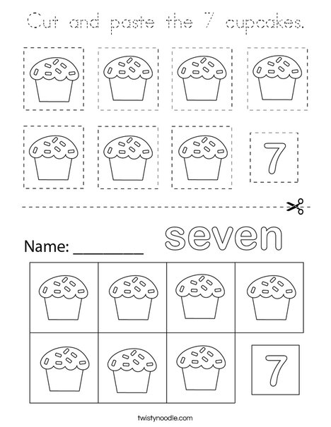 NCut and paste 7 cupcakes. Coloring Page