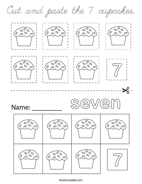 NCut and paste 7 cupcakes. Coloring Page