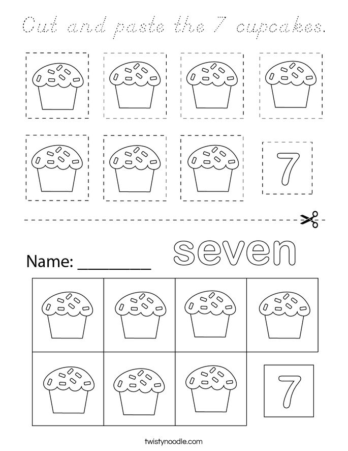 Cut and paste the 7 cupcakes. Coloring Page