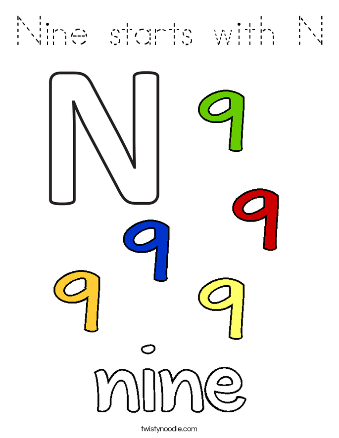 Nine starts with N Coloring Page