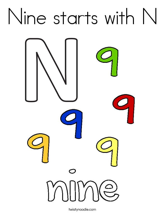 Nine starts with N Coloring Page