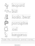 Trace the nocturnal animal names. Worksheet