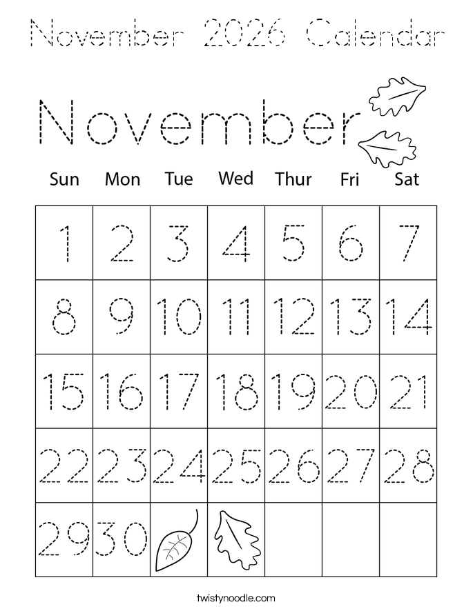 November 2026 Calendar Coloring Page