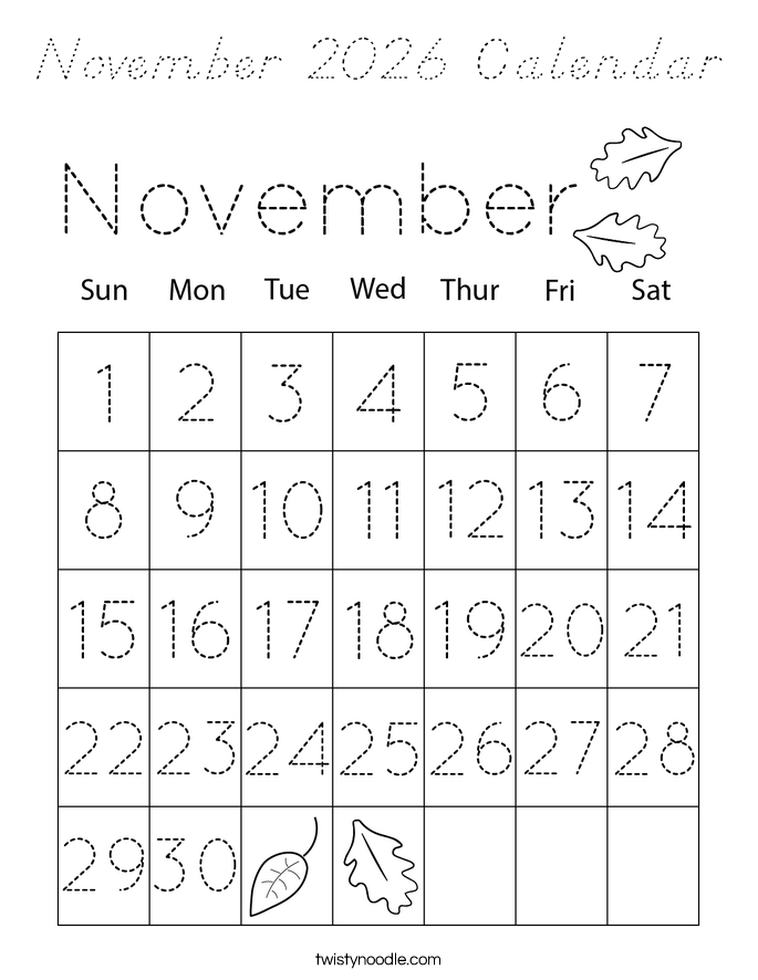 November 2026 Calendar Coloring Page