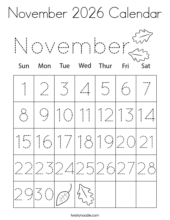 November 2026 Calendar Coloring Page