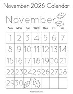 November 2026 Calendar Coloring Page