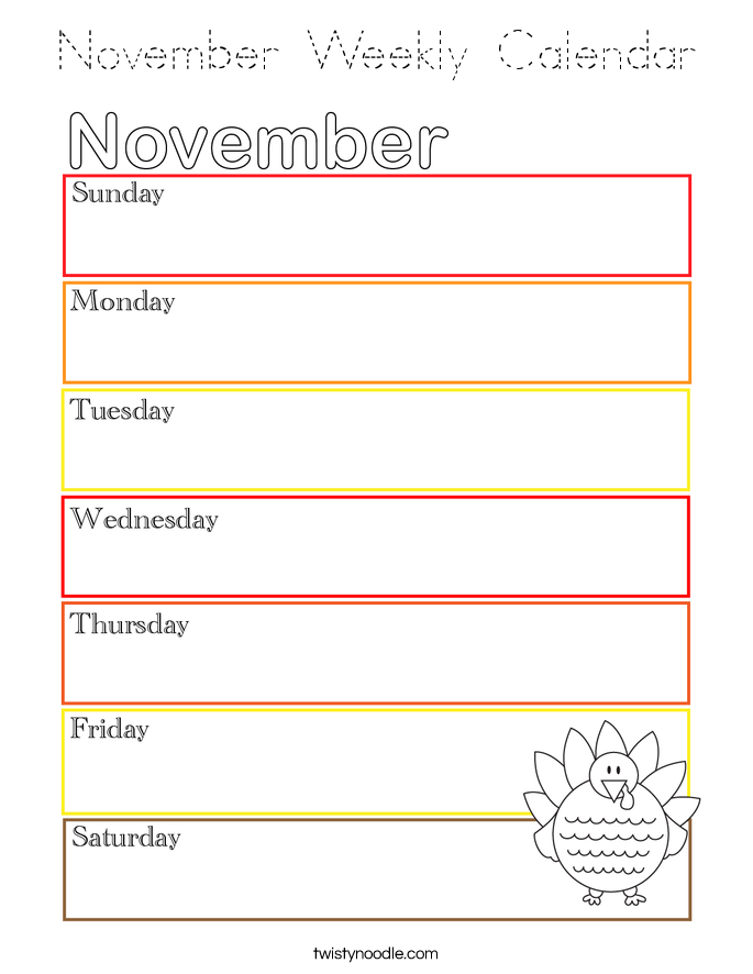 November Weekly Calendar Coloring Page