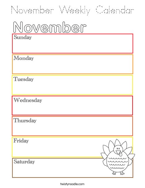 November Weekly Calendar Coloring Page