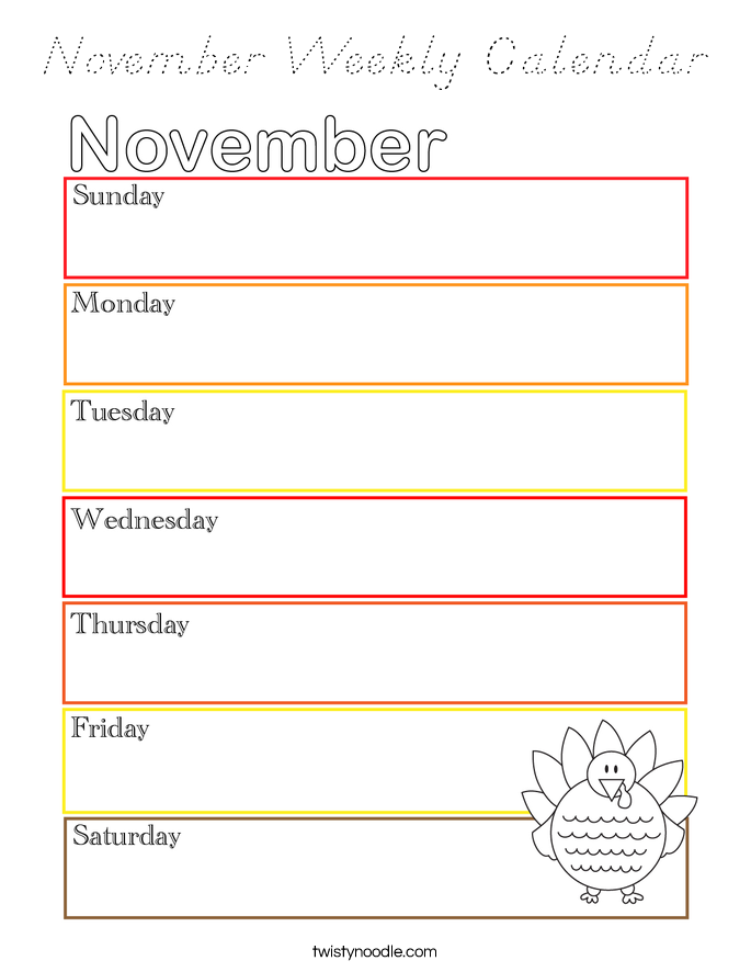 November Weekly Calendar Coloring Page