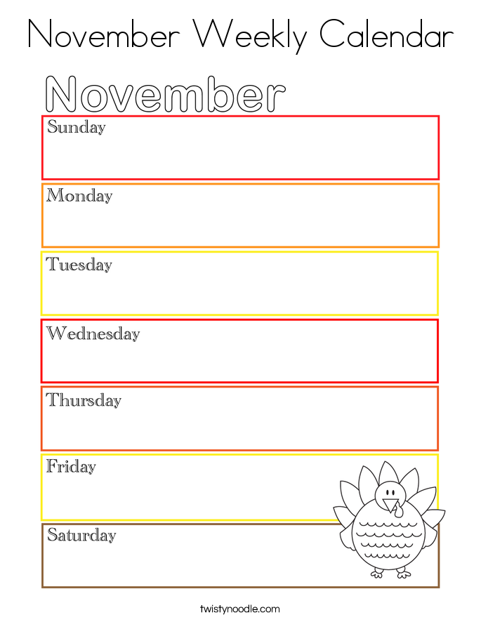 November Weekly Calendar Coloring Page Twisty Noodle November Weekly Calendar Coloring Page Twisty Noodle