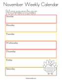 November Weekly Calendar Coloring Page