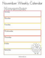 November Weekly Calendar Coloring Page