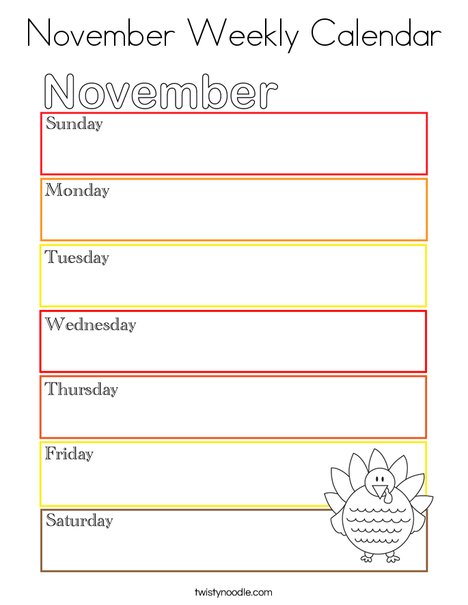 November Weekly Calendar Coloring Page Twisty Noodle November Weekly Calendar Coloring Page Twisty Noodle