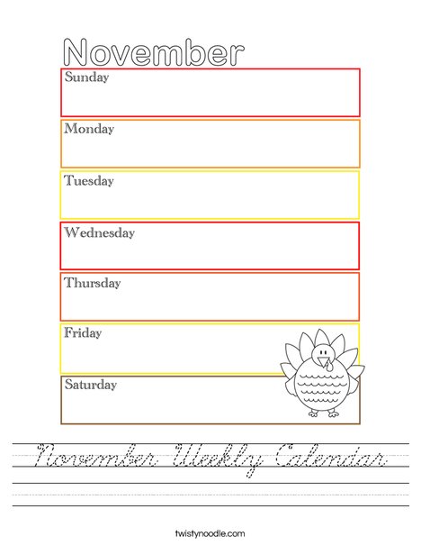 November Weekly Calendar Worksheet