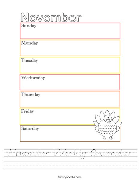 November Weekly Calendar Worksheet