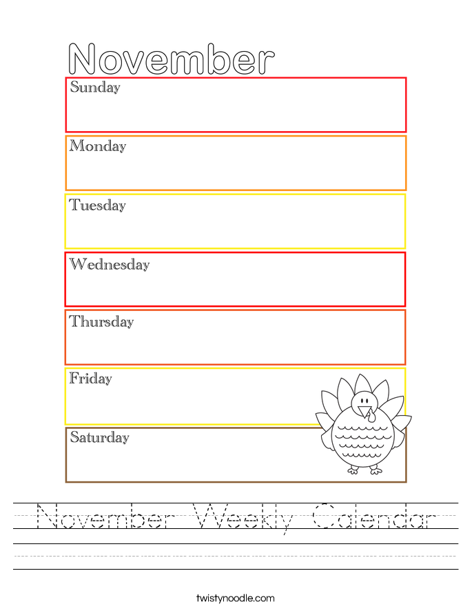 November Weekly Calendar Worksheet Twisty Noodle November Weekly Calendar Worksheet Twisty Noodle