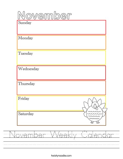 November Weekly Calendar Worksheet Twisty Noodle November Weekly Calendar Worksheet Twisty Noodle