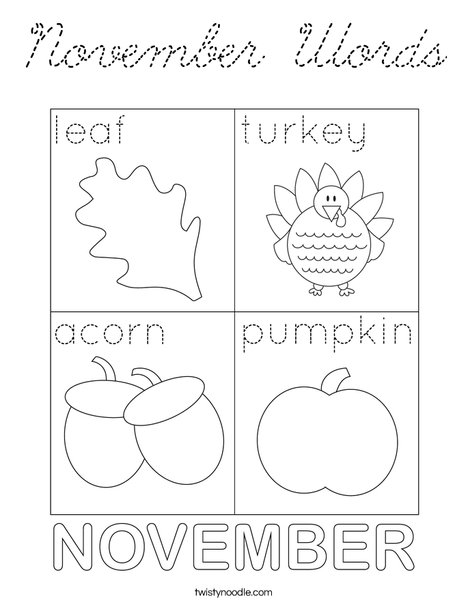 November Words Coloring Page