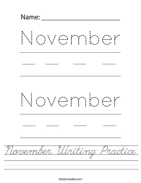 November Writing Practice Worksheet