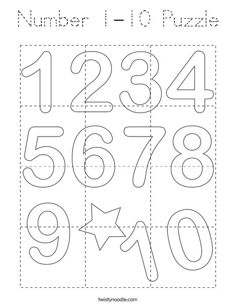 Number 1-10 Puzzle Coloring Page - Tracing - Twisty Noodle