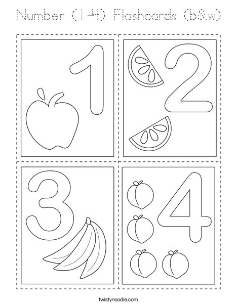 Number (1-4) Flashcards (b&w) Coloring Page