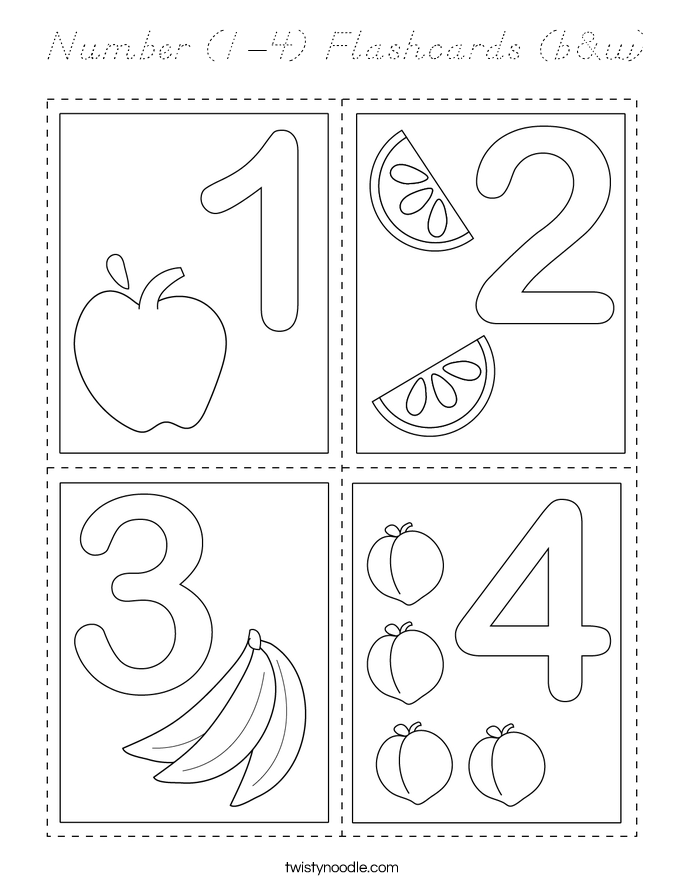 Number (1-4) Flashcards (b&w) Coloring Page