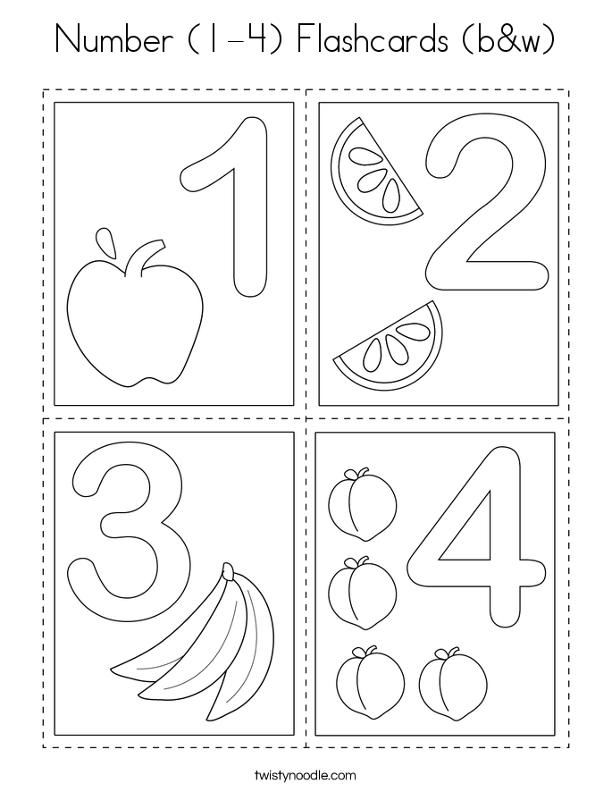 Number (1-4) Flashcards (b&w) Coloring Page