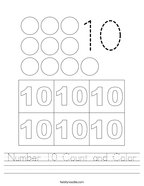 Number 10 Count and Color Handwriting Sheet