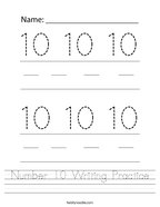 Number 10 Writing Practice Handwriting Sheet