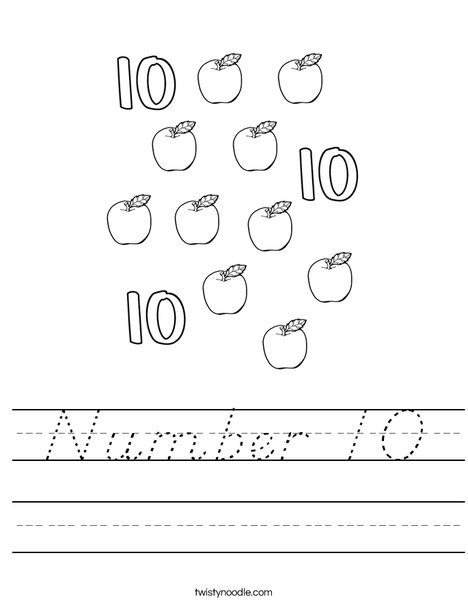 Number 10 Worksheet - D'Nealian - Twisty Noodle