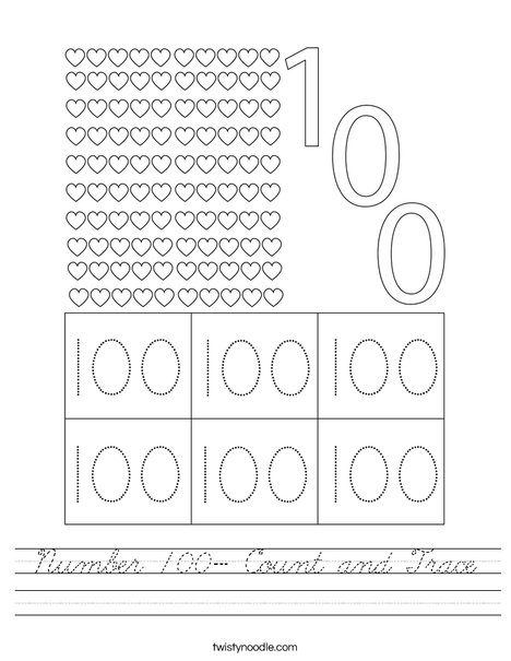 Number 100- Count and Trace Worksheet - Cursive - Twisty Noodle