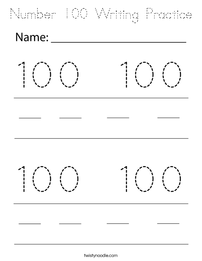 Number 100 Writing Practice Coloring Page - Tracing - Twisty Noodle