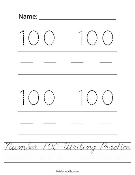 Number 100 Writing Practice Worksheet