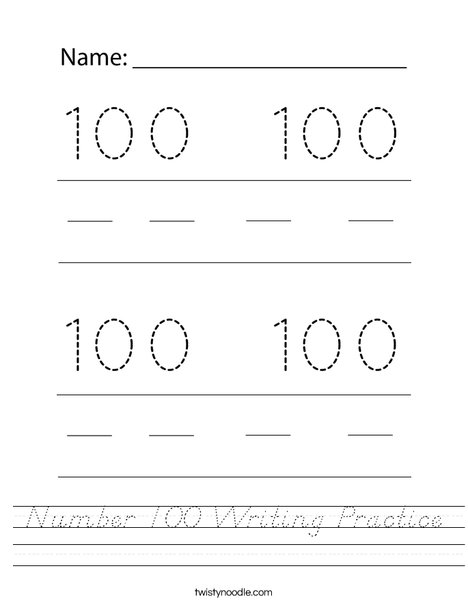 Number 100 Writing Practice Worksheet