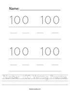 Number 100 Writing Practice Handwriting Sheet