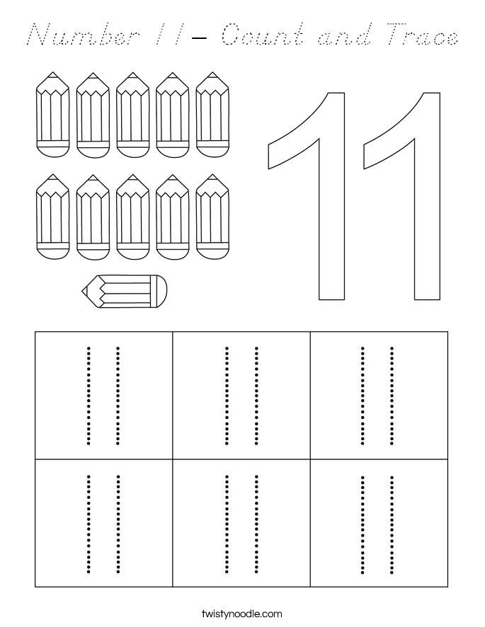 number 11 count and trace coloring page dnealian